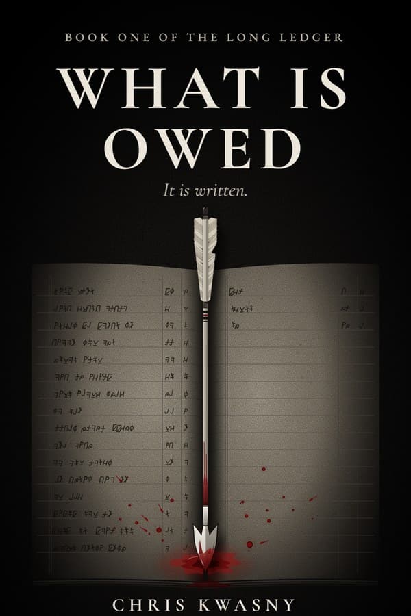 The cover of What Is Owed, Book One of The Long Ledger: an open ledger with a war arrow down its gutter.